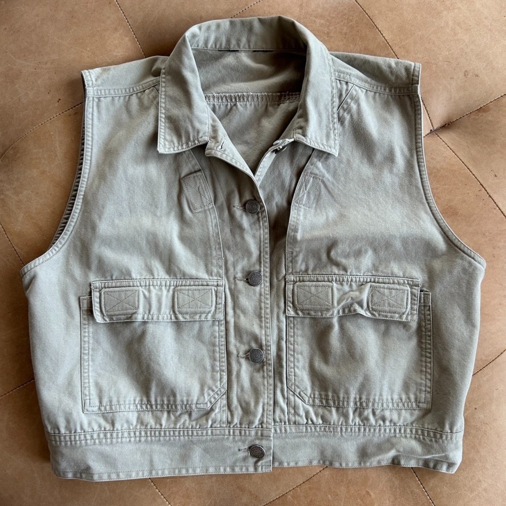 Vintage REI Utility Vest Womens M Khaki Cotton Cargo Gorpcore Boxy Cropped 90s